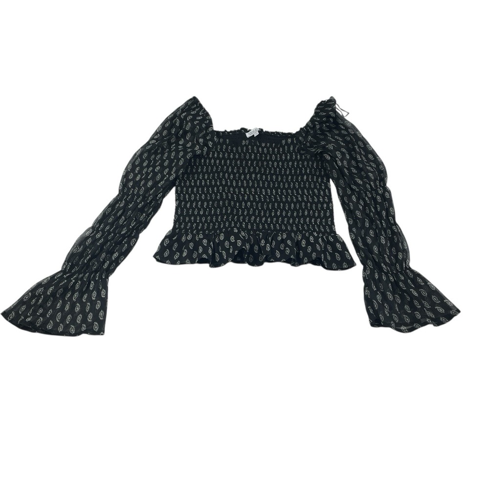 Patrons of Peace‎ Black Smocked Crop Top Sheer Peasant Sleeve L Boho Blouse
